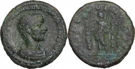 Diadumenian (217-218). AE As. Obv. Draped and cuirassed bust right, head bare. Rev. Diadumenian standing front, head right, holding standard and scept...