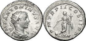 Elagabalus (218-222). AR Antoninianus, 219 AD. Obv. Radiate, draped and cuirassed bust right. Rev. Providentia standing left, legs crossed, leaning on...