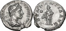 Elagabalus (218-222). AR Denarius. Obv. Bust right, laureate, draped. Rev. Abundantia standing left, emptying cornucopiae; to left, star. RIC IV 56b. ...