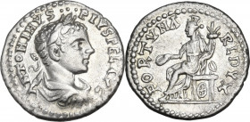 Elagabalus (218-222). AR Denarius, 219-220. Obv. Laureate, draped and cuirassed bust right. Rev. Fortuna seated left, holding patera and cornucopiae; ...