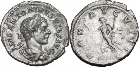 Elagabalus (218-222). AR Denarius, 219-220. Obv. Laureate and draped bust right. Rev. Pax advancing left, holding branch and scepter. RIC IV 125. AR. ...