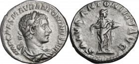 Elagabalus (218-222). AR Denarius. Obv. Bust right, laureate, draped. Rev. Salus standing left, feeding from patera snake held in hands. RIC IV 140b. ...