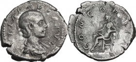 Julia Paula, first wife of Elagabalus (218-222). AR Denarius. Obv. Draped bust right. Rev. Concordia seated left, holding patera; in field, star. RIC ...