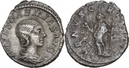 Julia Soemias, mother of Elagabalus (died 222 AD). AR Denarius, 218-222. Obv. Bust right, draped. Rev. Vesta standing left, holding apple and scepter;...