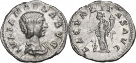 Julia Maesa, grandmother of Elagabalus (died 225 AD). AR Denarius, struck under Elagabalus, 218-220. Obv. Draped bust right. Rev. Fecunditas standing ...