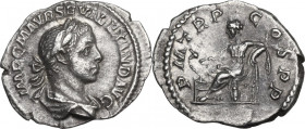 Severus Alexander (222-235). AR Denarius, 222 AD. Obv. Bust right, laureate, draped. Rev. Salus seated left, feeding from patera snake coiled around a...