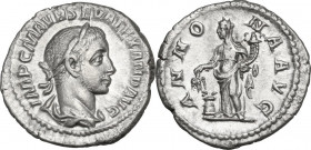 Severus Alexander (222-235). AR Denarius, 226 AD. Obv. Laureate and draped bust right. Rev. Annona standing left, holding cornucopia and grain ears ov...