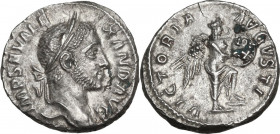 Severus Alexander (222-235). AR Denarius, 230 AD. Obv. Laureate head right. Rev. Victory standing right, foot on helmet, inscribing VOT/ X in two line...