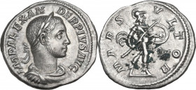 Severus Alexander (222-235). AR Denarius, 232 AD. Obv. Laureate, draped and cuirassed bust right. Rev. Mars advancing right, holding spear and shield....