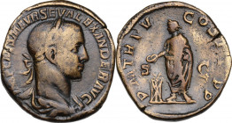 Severus Alexander (222-235). AE Sestertius, 226 AD. Obv. Laureate, draped and cuirassed bust right. Rev. Emperor standing left, sacrificing at lighted...