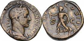 Severus Alexander (222-235). AE Sestertius, 227 AD. Obv. Laureate, draped and cuirassed bust right. Rev. Pax running left, holding olive branch and sc...