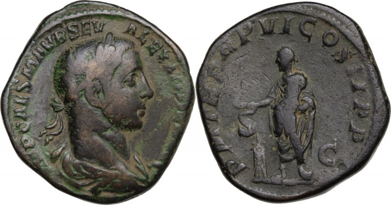 Severus Alexander (222-235). AE Sestertius, 227 AD. Obv. Laureate, draped and cu...