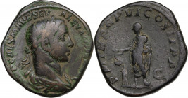 Severus Alexander (222-235). AE Sestertius, 227 AD. Obv. Laureate, draped and cuirassed bust right. Rev. Emperor standing left, sacrificing over light...