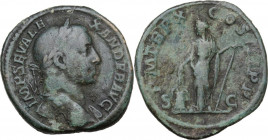 Severus Alexander (222-235). AE Sestertius, 231 AD. Obv. Laureate bust right, drapery on left shoulder. Rev. Annona standing left, holding two grain-e...