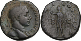 Severus Alexander (222-235 AD). AE Sestertius, 232 AD. Obv. Laureate bust right, slight drapery on left shoulder. Rev. Sol radiate, standing front, he...