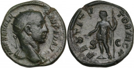 Severus Alexander (222-235). AE Dupondius. Special emission, 228 AD. Obv. Radiate head right. Rev. Severus Alexander standing left, extending hand and...