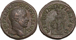 Severus Alexander (222-235). AE As, 231-235. Obv. Laureate bust right, slight drapery on far shoulder. Rev. Providentia standing left, holding two gra...