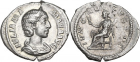 Julia Mamaea, mother of Severus Alexander (died 235 AD). AR Denarius, 231 AD. Obv. Diademed and draped bust right. Rev. Juno seated left, holding flow...