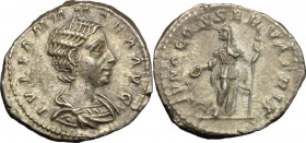 Julia Mamaea, mother of Severus Alexander (died 235 AD). AR Denarius, Rome mint, 222-235 AD. Obv. Draped bust right. Rev. Juno, diademed and veiled, s...