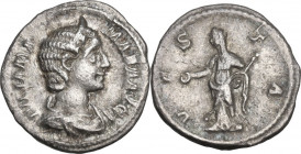 Julia Mamaea, mother of Severus Alexander (died 235 AD). AR Denarius, 225-235. Obv. Bust right, diademed, draped. Rev. Vesta standing left, holding pa...