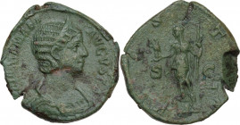 Julia Mamaea, mother of Severus Alexander (died 235 AD). AE Sestertius, Rome mint. Obv. Diademed and draped bust right. Rev. Vesta standing left holdi...