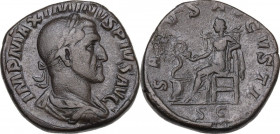 Maximinus I (225-238). AE Sestertius, 236 AD. Obv. Laureate, draped and cuirassed bust right. Rev. Salus seated left, resting left elbow on chair, fee...