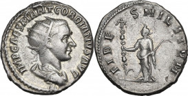 Gordian III (238-244). AR Antoninianus, 238 AD. Obv. Radiate, draped, and cuirassed bust right. Rev. Fides standing left, holding signa and sceptre. R...