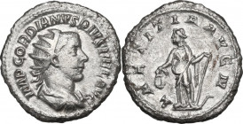 Gordian III (238-244). AR Antoninianus, late 240-early 243. Obv. Radiate, draped, and cuirassed bust right. Rev. Laetitia standing left, holding wreat...