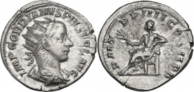 Gordian III (238-244). AR Antoninianus, 241 AD. Obv. Radiate draped, and cuirassed bust right. Rev. Apollo seated left, holding branch and resting elb...