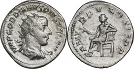 Gordian III (238-244). AR Antoninianus, 241 AD. Obv. Radiate, draped, and cuirassed bust right. Rev. Apollo seated left, holding branch and resting el...