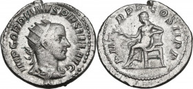 Gordian III (238-244). AR Antoninianus, 241 AD. Obv. Radiate, draped, and cuirassed bust right. Rev. Apollo seated left, holding branch and resting el...