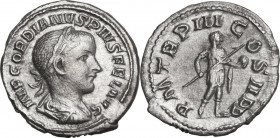 Gordian III (238-244). AR Denarius, 241-243. Obv. Laureate, draped and cuirassed bust right. Rev. Gordian, in military dress, standing right, holding ...