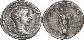 Gordian III (238-244). Antoninianus, circa 241-242. Obv. Radiate, draped and cuirassed bust right. Rev. Gordian standing right in military dress; hold...