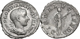 Gordian III (238-244). AR Denarius, 240 AD. Obv. Laureate, draped and cuirassed bust right. Rev. Diana Lucifera standing right, holding flaming torch ...