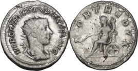 Gordian III (238-244). AR Antoninianus, 243-244. Obv. Bust right, radiate, draped, cuirassed. Rev. Fortuna seated left on wheel, holding rudder and co...