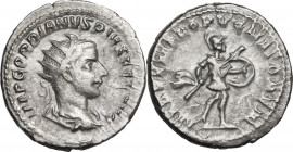 Gordian III (238-244). AR Antoninianus, 243 AD. Obv. Radiate, draped, and cuirassed bust right. Rev. Mars advancing right, holding spear and shield. R...