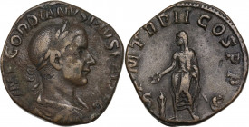 Gordian III (238-244). AE Sestertius, 239 AD. Obv. Laureate, draped and cuirassed bust right. Rev. Gordian, togate, veiled standing facing, head left,...