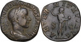 Gordian III (238-244). AE Sestertius, 240-243. Obv. Laureate, draped and cuirassed bust right. Rev. Sol radiate, standing facing, head left, raising r...