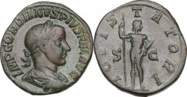 Gordian III (238-244). AE Sestertius, 242 AD. Obv. Laureate, draped and cuirassed bust right. Rev. Jupiter standing right, holding scepter and thunder...