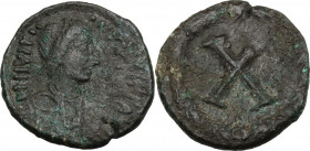 Justinian I (527-565). AE Decanummium, Rome mint. Obv. Diademed, draped and cuirassed bust right. Rev. Large X within wreath. D.O. -; MIB 244 (Sicily)...