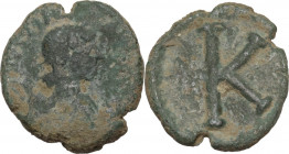 Justinian I (527-565). AE Half Follis, 552-565, Salona mint. Obv. Bust right, diademed, draped. Rev. Large K (mark of value). MIB 250; D.O. 360; Sear ...
