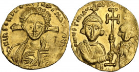 Justinian II, with Tiberius. Second Reign (705-711). AV Tremissis. Constantinople mint, 705-708. Obv. Bust of Christ Pantokrator facing, behind head, ...