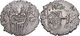 Manuel I Comnenus (1238-1263). AR Asper, Empire of Trebizond. Obv. St. Eugenius standing facing, holding long cross. Rev. Emperor standing facing, hol...