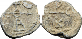 Paschalios (?). Lead Seal, 7th-8th century. Obv. Cruciform monogram: Θεότοκε βοήθει. Rev. Cruciform monogram: letters PΑCK. PB. 9.71 g. 25.00 mm. Ink ...