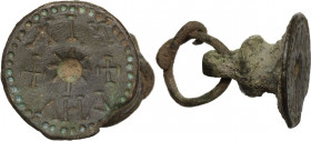 AE Seal with suspension loop, 14th-15th century AD. Obv. ΜΙΧ/+*+/ΑΗΛ in three lines within dotted border. AE. 12.31 g. 21.50 mm. Good VF.
