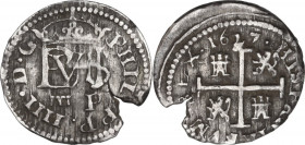 Spain. Philip IV (1621-1665). AR 1/2 real 1627 P, Segovia mint. Calicò 620. AR. 1.54 g. 16.00 mm. Edge chipped. About VF.
