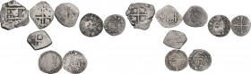 Spain. Multiple lot of eight (8) spanish AR coins, including (4) Macuquin type, (4) medieval deniers; all to be cataloged. AR. F:About VF.
