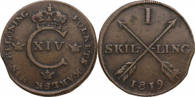 Sweden. Carl XIV Johan (1818-1844). AE Skilling, 1819. KM 597. AE. 16.70 g. 33.00 mm. Nice brown patina. About EF.