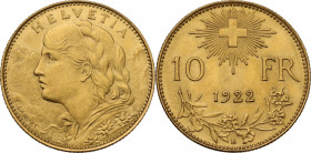 Switzerland. Franz Joseph (1848-1916). AV 10 Francs 1922. KM 36; Fried. 504. AV. 19.00 mm. About FDC.