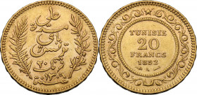 Tunisie. French Protectorate (1881-1957). AV 20 Francs 1892 A, Paris mint. Fried. 12. AV. 21.00 mm. Good VF.